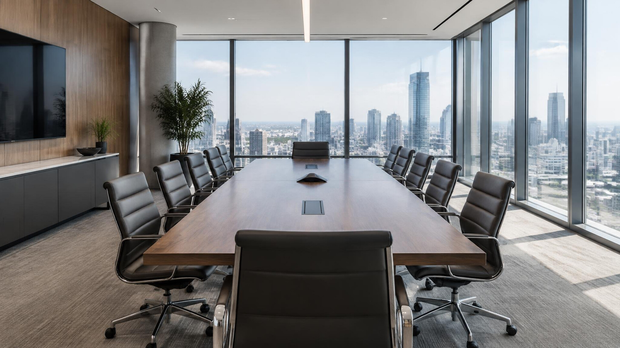 Modern corporate meeting room with a long table and chairs