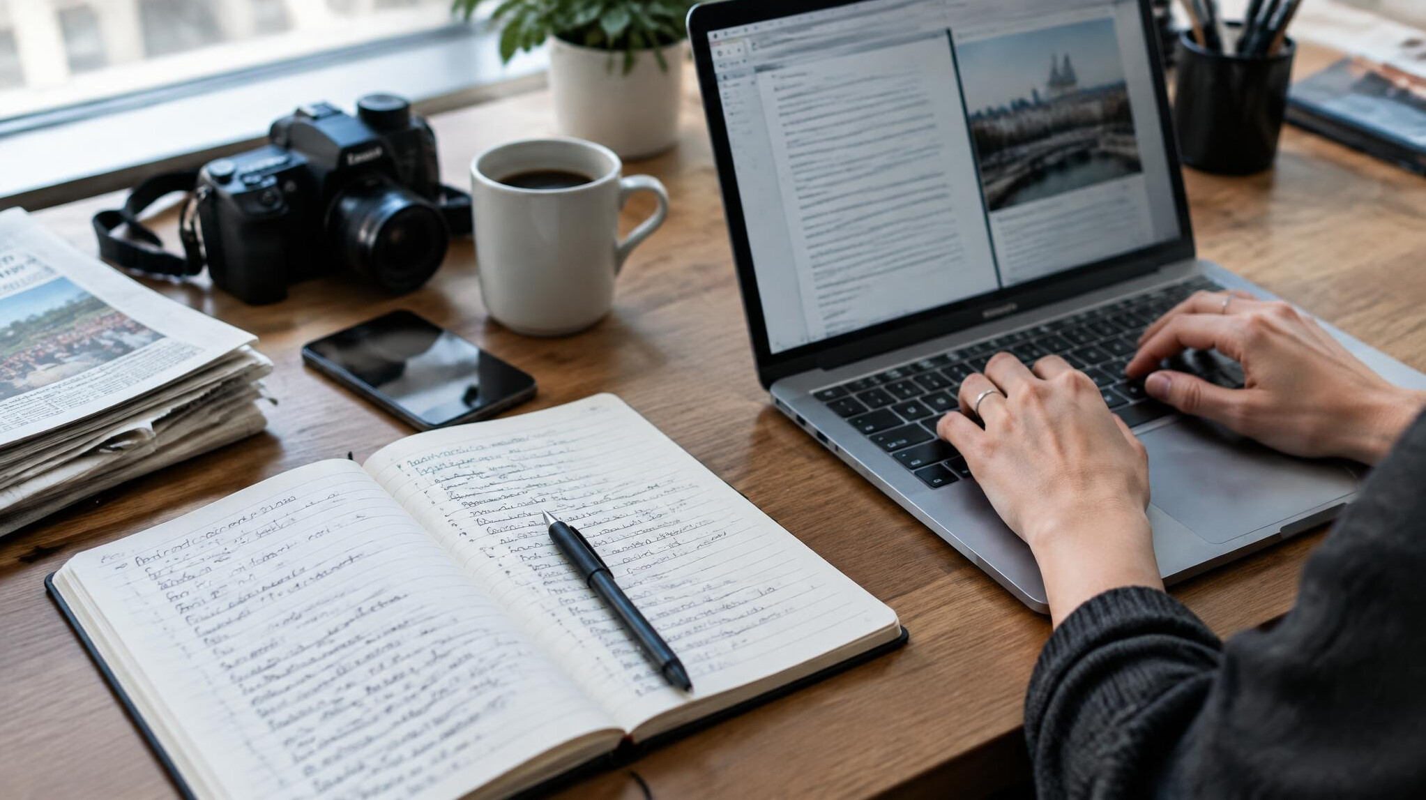 Person typing on a laptop while writing notes in a notebook