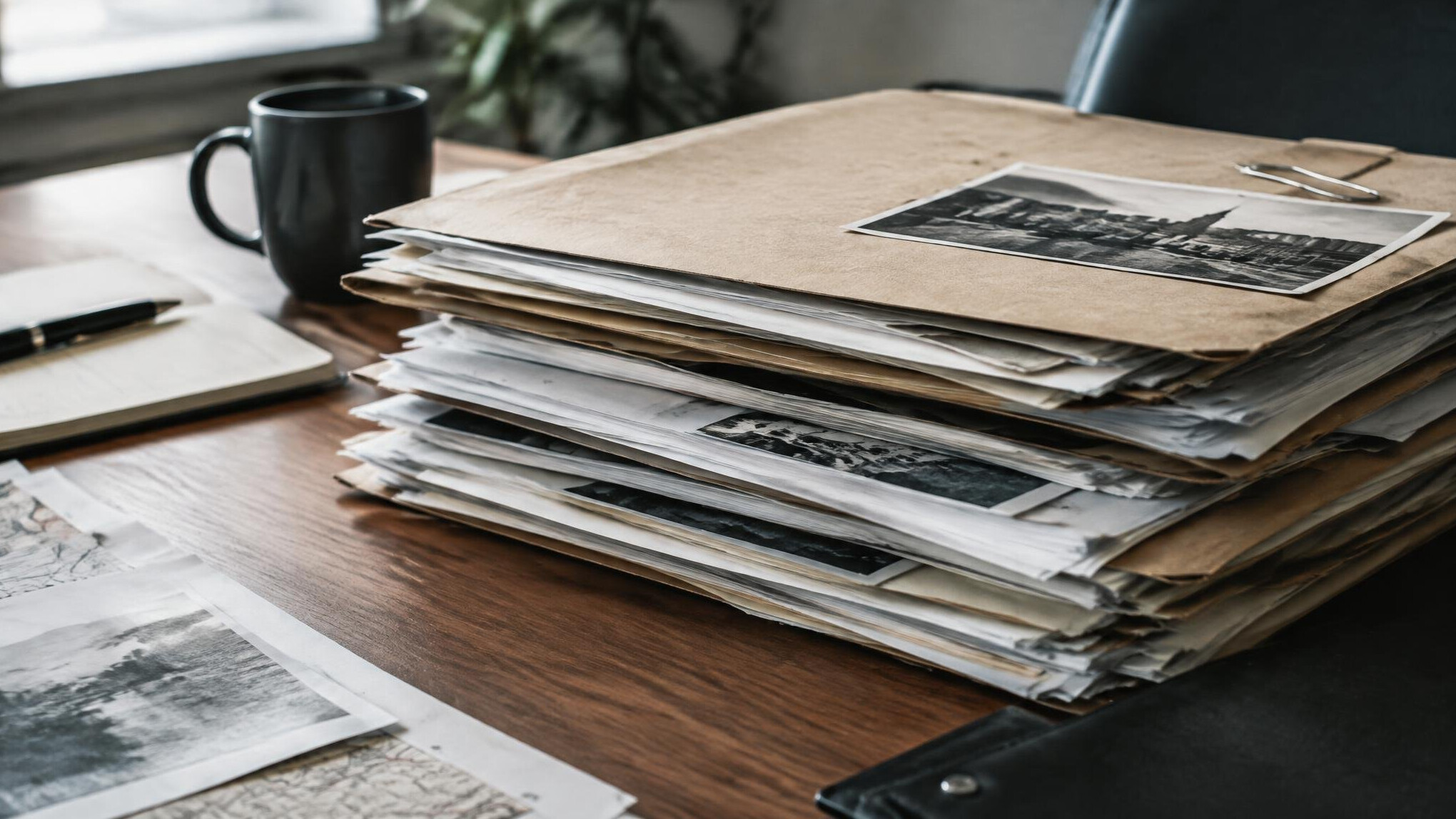 Stack of paper files and documents on a desk
