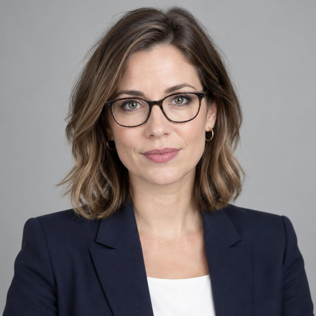 Studio portrait of a professional woman with glasses in an office